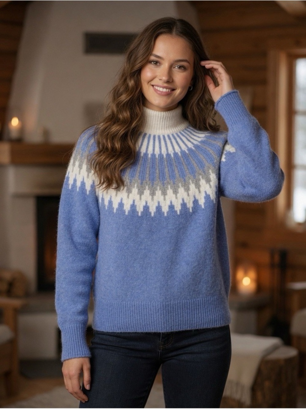 J Crew Women’s M Baby Blue Fair Isle Turtleneck Sweater BV370 Wool Alpaca